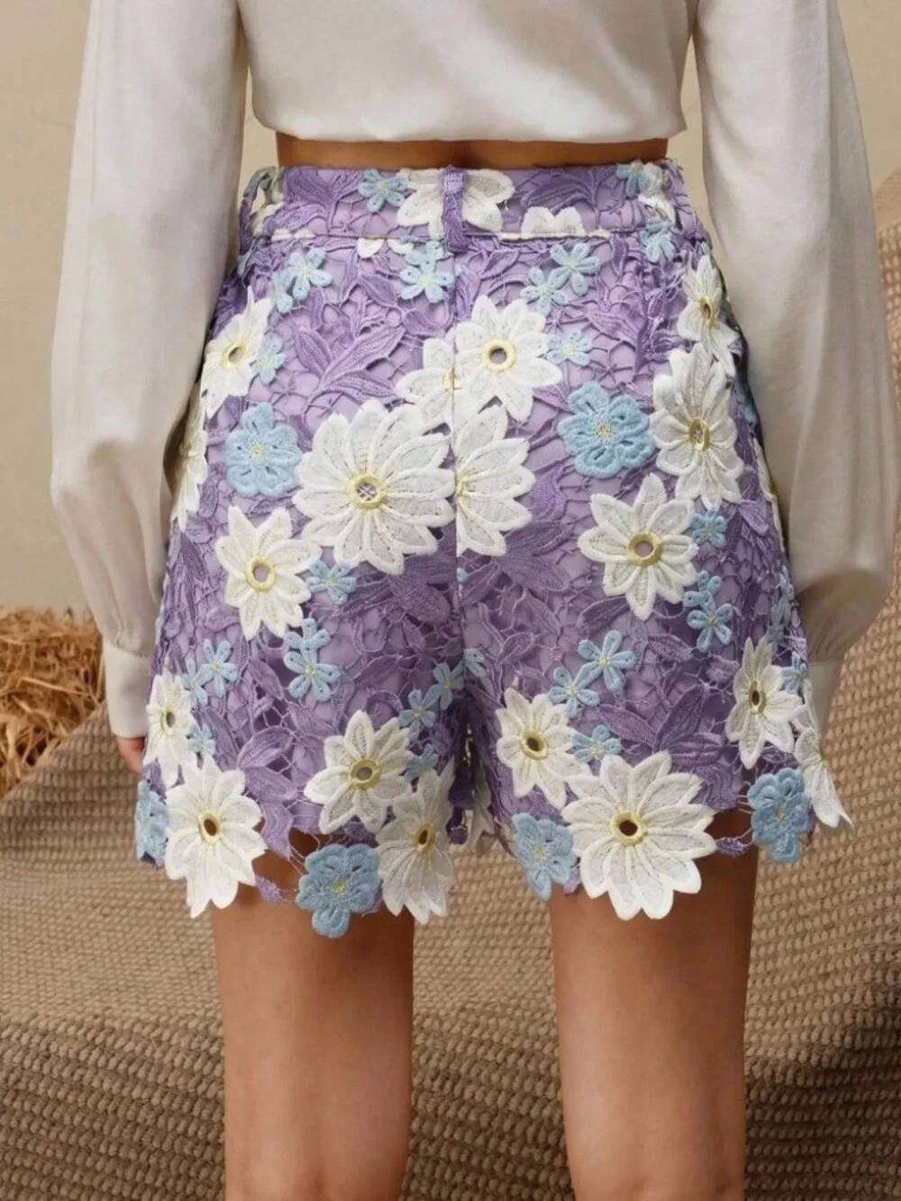 Lavender Floral Lace Shorts with Daisy Appliqués